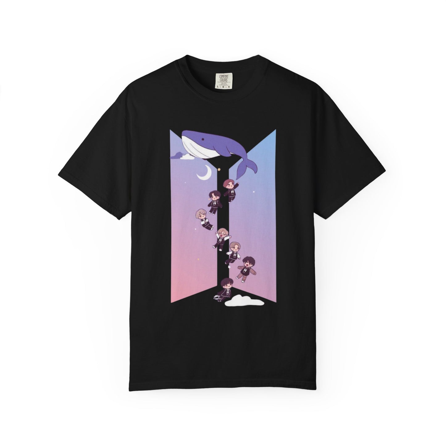 K-Pop Zodiac Whale Tee — Cute Chibi Band Members on Pastel Gradient T-Shirt