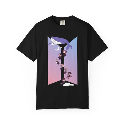 K-Pop Zodiac Whale Tee — Cute Chibi Band Members on Pastel Gradient T-Shirt
