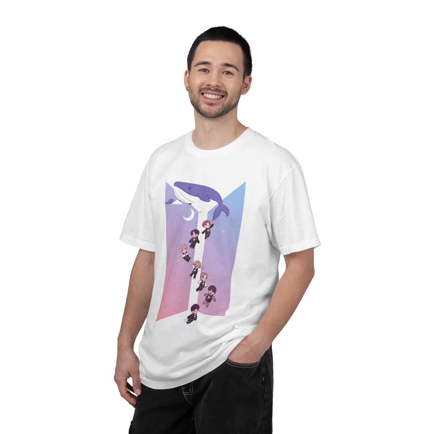 K-Pop Zodiac Whale Tee — Cute Chibi Band Members on Pastel Gradient T-Shirt