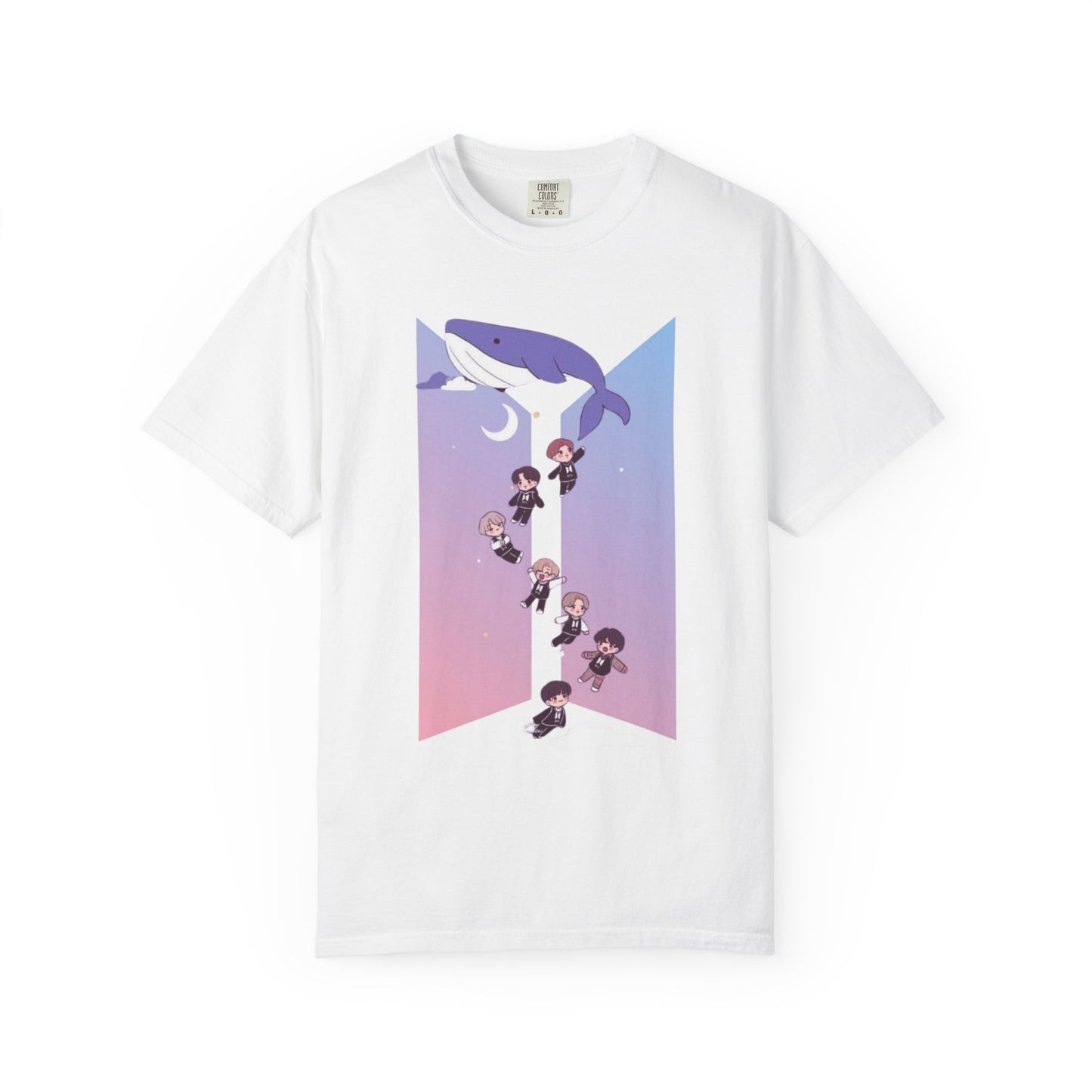 K-Pop Zodiac Whale Tee — Cute Chibi Band Members on Pastel Gradient T-Shirt