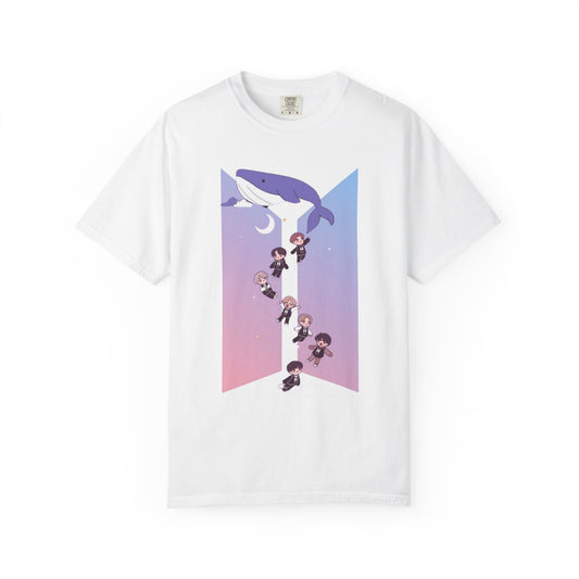 K-Pop Zodiac Whale Tee — Cute Chibi Band Members on Pastel Gradient T-Shirt